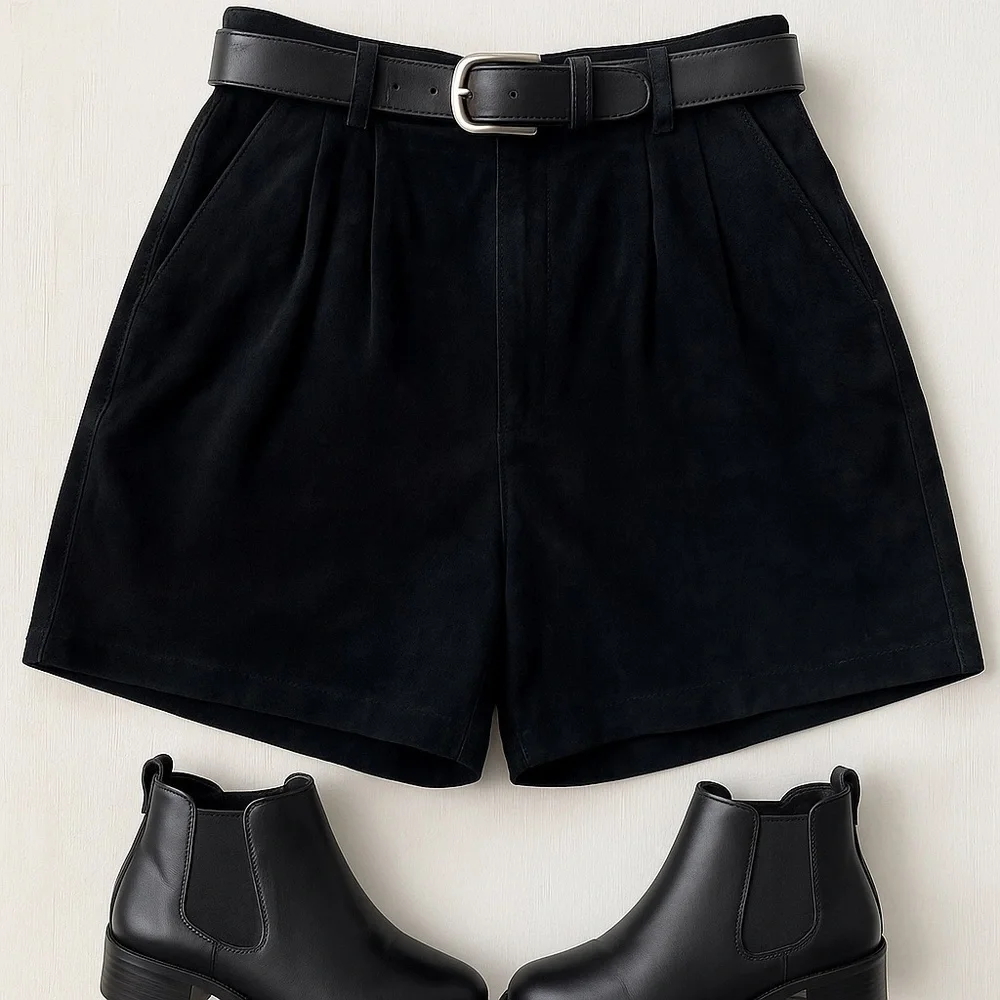 90s Leather Collection Black High Waisted Pleated Leather Short 11/12 - Picture 2 of 10